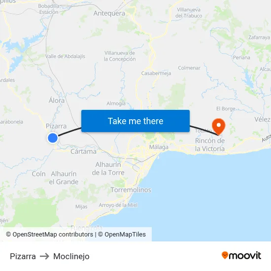 Pizarra to Moclinejo map