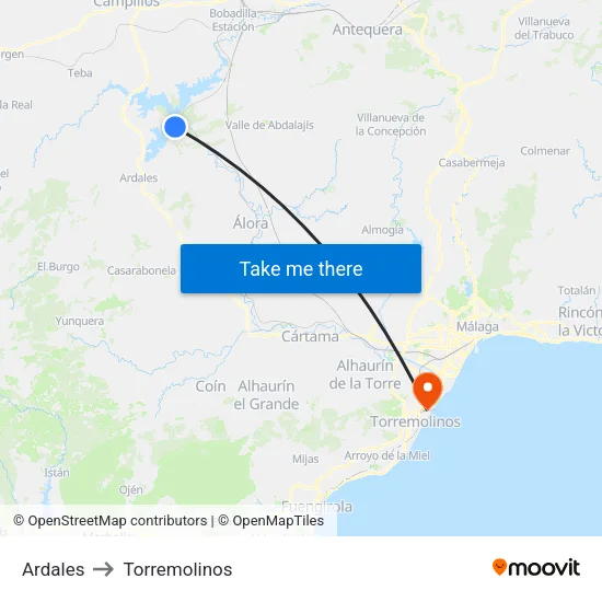 Ardales to Torremolinos map