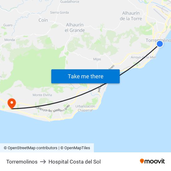 Torremolinos to Hospital Costa del Sol map