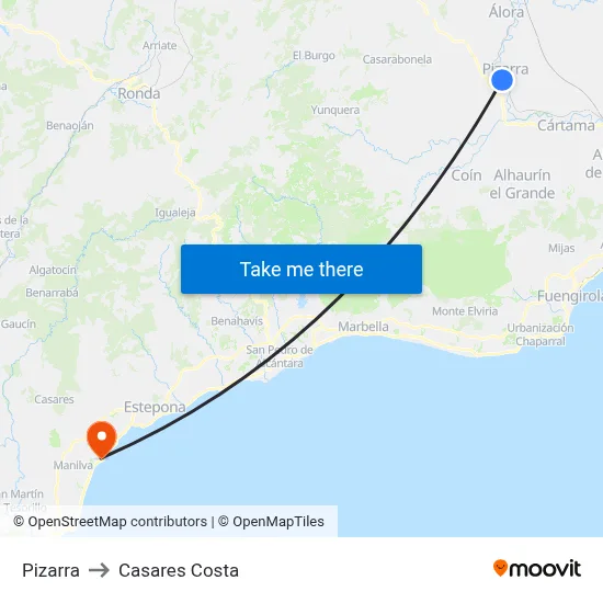 Pizarra to Casares Costa map