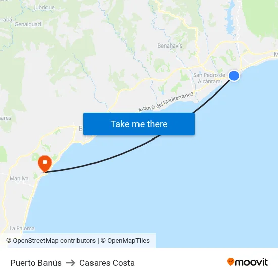 Puerto Banús to Casares Costa map