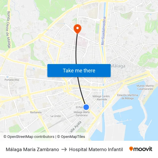 Málaga María Zambrano to Hospital Materno Infantil map