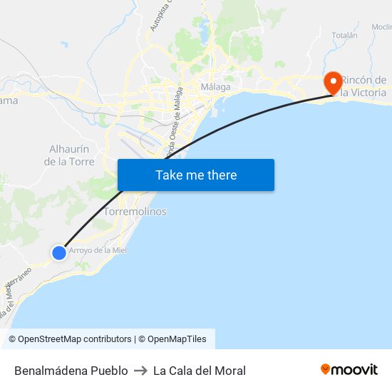 Benalmádena Pueblo to La Cala del Moral map