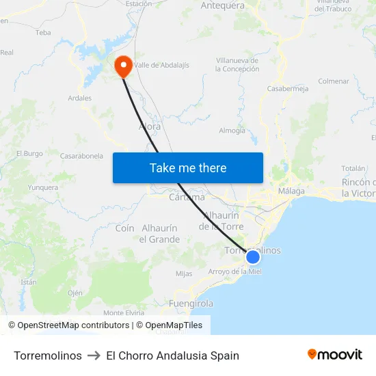 Torremolinos to El Chorro Andalusia Spain map