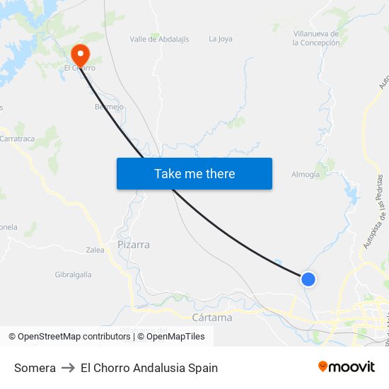 Somera to El Chorro Andalusia Spain map