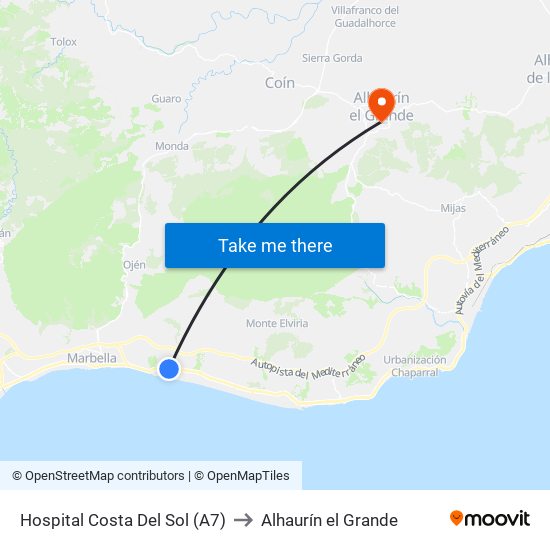 Hospital Costa Del Sol (A7) to Alhaurín el Grande map