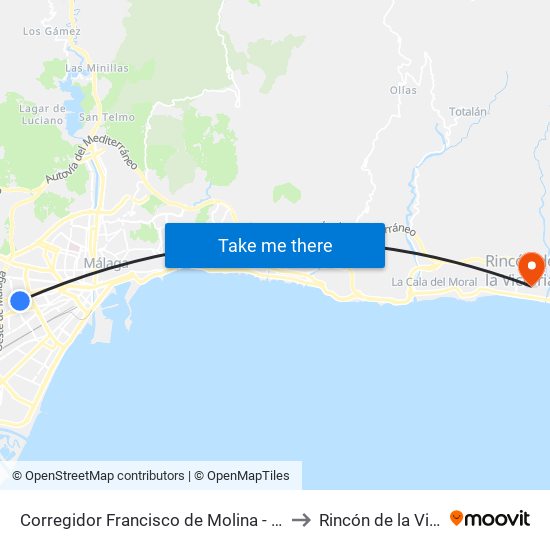 Corregidor Francisco de Molina - Corazones to Rincón de la Victoria map