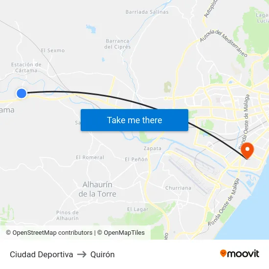 Ciudad Deportiva to Quirón map