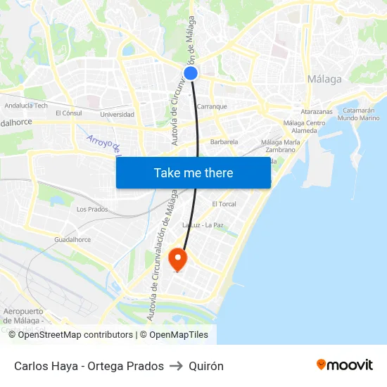 Carlos Haya - Ortega Prados to Quirón map