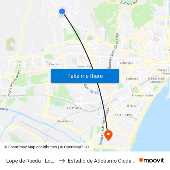 Lope de Rueda - Los Morales to Estadio de Atletismo Ciudad de Málaga map