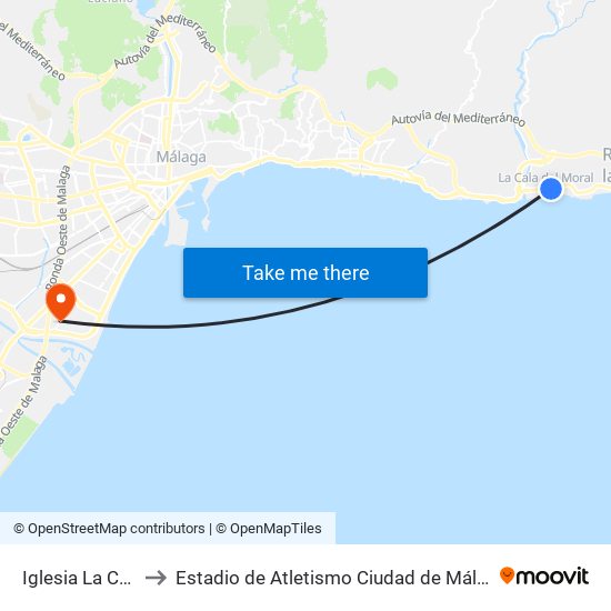 Iglesia La Cala to Estadio de Atletismo Ciudad de Málaga map