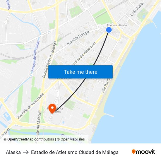 Alaska to Estadio de Atletismo Ciudad de Málaga map
