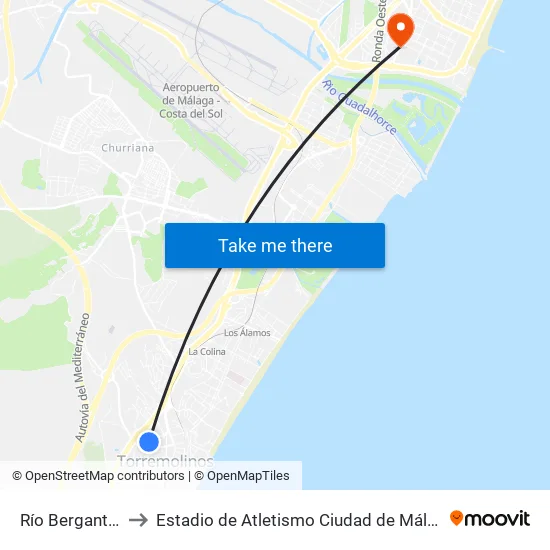 Río Bergantes to Estadio de Atletismo Ciudad de Málaga map