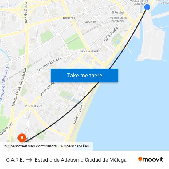C.A.R.E. to Estadio de Atletismo Ciudad de Málaga map