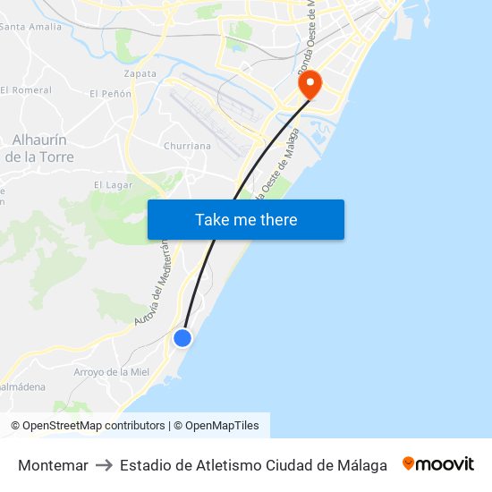Montemar to Estadio de Atletismo Ciudad de Málaga map