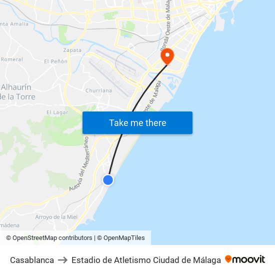 Casablanca to Estadio de Atletismo Ciudad de Málaga map