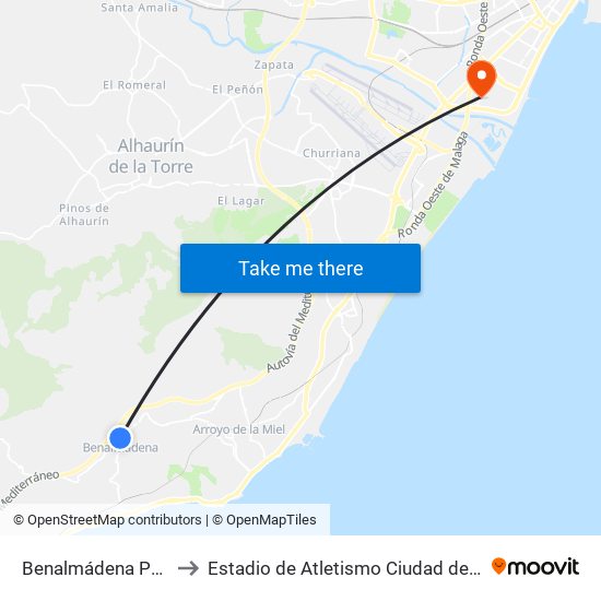 Benalmádena Pueblo to Estadio de Atletismo Ciudad de Málaga map