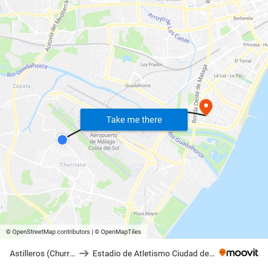 Astilleros (Churriana) to Estadio de Atletismo Ciudad de Málaga map