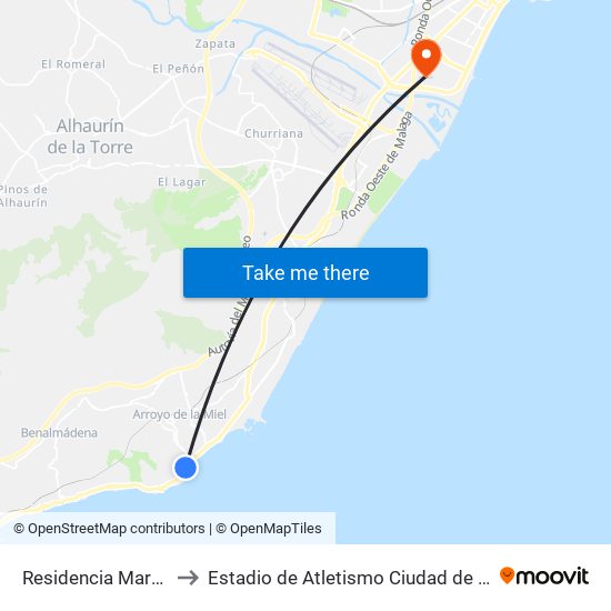 Residencia Marymar to Estadio de Atletismo Ciudad de Málaga map
