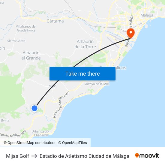 Mijas Golf to Estadio de Atletismo Ciudad de Málaga map