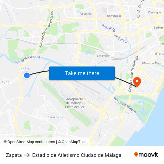 Zapata to Estadio de Atletismo Ciudad de Málaga map