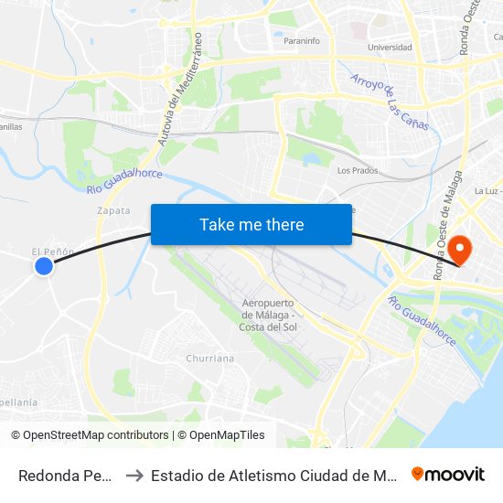 Redonda Peñón to Estadio de Atletismo Ciudad de Málaga map