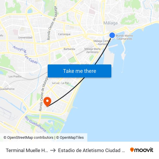 Terminal Muelle Heredia to Estadio de Atletismo Ciudad de Málaga map