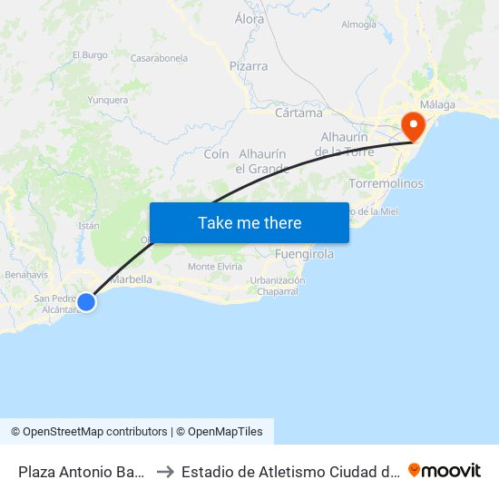 Plaza Antonio Banderas to Estadio de Atletismo Ciudad de Málaga map