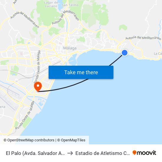 El Palo (Avda. Salvador Allende (Santarén)) to Estadio de Atletismo Ciudad de Málaga map