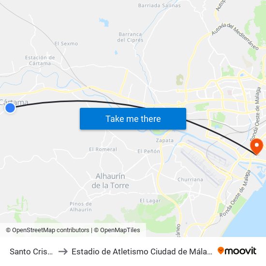 Santo Cristo to Estadio de Atletismo Ciudad de Málaga map