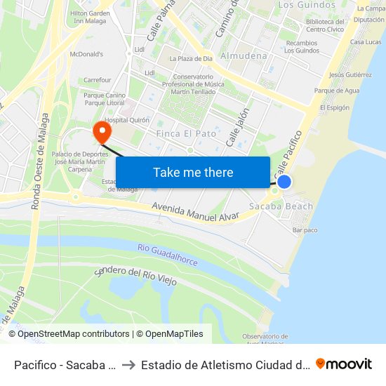 Pacifico - Sacaba Beach to Estadio de Atletismo Ciudad de Málaga map