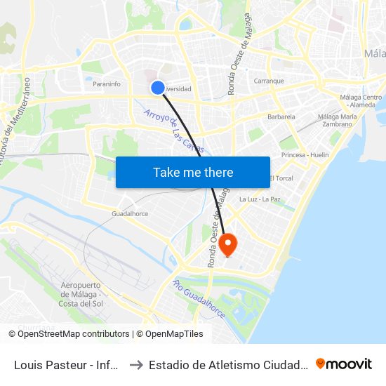 Louis Pasteur - Informatica to Estadio de Atletismo Ciudad de Málaga map