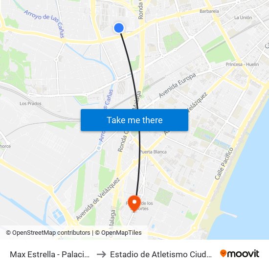 Max Estrella - Palacio de Ferias to Estadio de Atletismo Ciudad de Málaga map