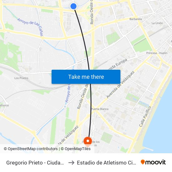 Gregorio Prieto - Ciudad de La Justicia to Estadio de Atletismo Ciudad de Málaga map