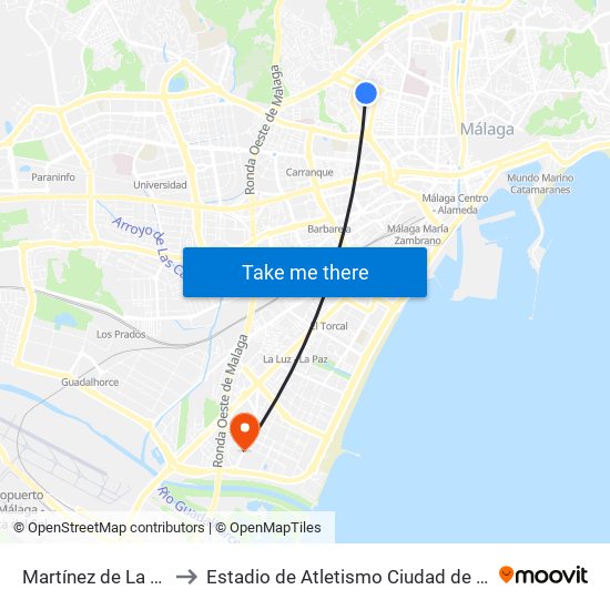 Martínez de La Rosa to Estadio de Atletismo Ciudad de Málaga map