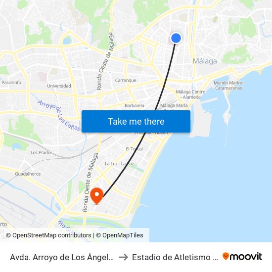 Avda. Arroyo de Los Ángeles - Hospital Materno to Estadio de Atletismo Ciudad de Málaga map