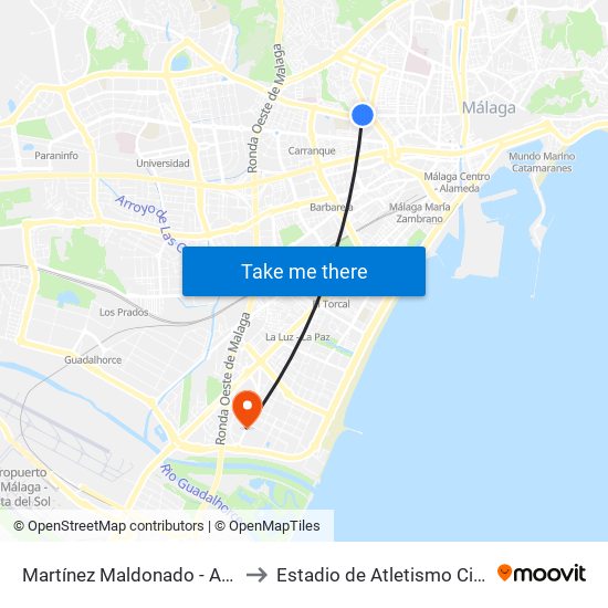 Martínez Maldonado - Arroyo Del Cuarto to Estadio de Atletismo Ciudad de Málaga map