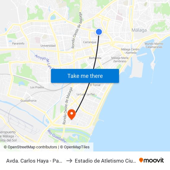 Avda. Carlos Haya - Parque Del Norte to Estadio de Atletismo Ciudad de Málaga map