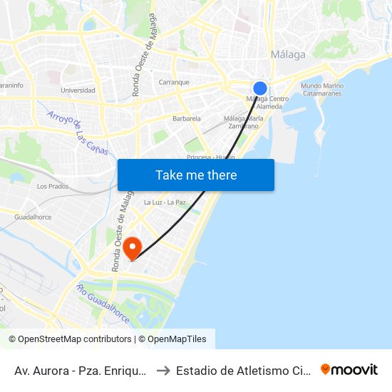 Av. Aurora - Pza. Enrique Navarro Norte to Estadio de Atletismo Ciudad de Málaga map