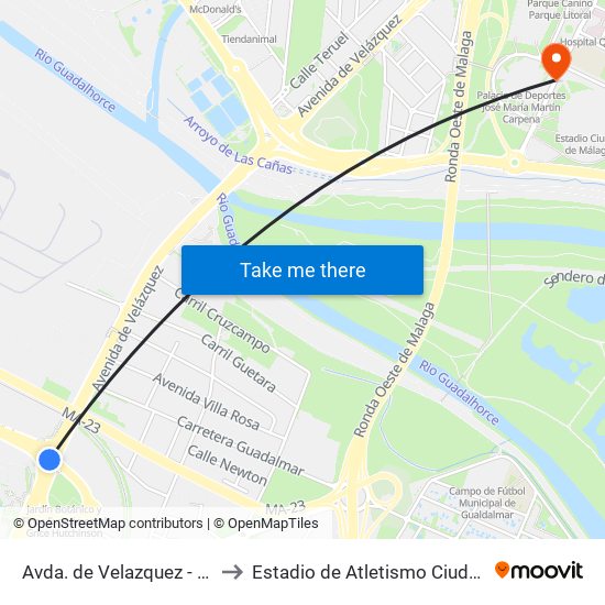 Avda. de Velazquez - Aeropuerto to Estadio de Atletismo Ciudad de Málaga map