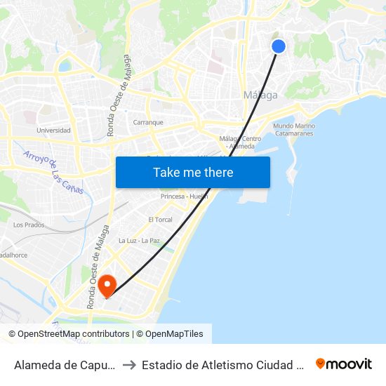 Alameda de Capuchinos to Estadio de Atletismo Ciudad de Málaga map