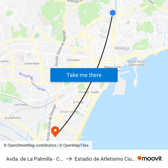 Avda. de La Palmilla - Centro de Salud to Estadio de Atletismo Ciudad de Málaga map