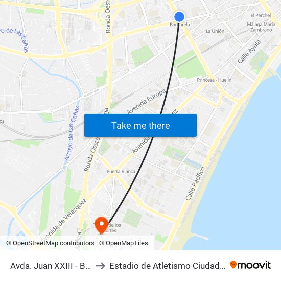 Avda. Juan XXIII - Barbarela to Estadio de Atletismo Ciudad de Málaga map