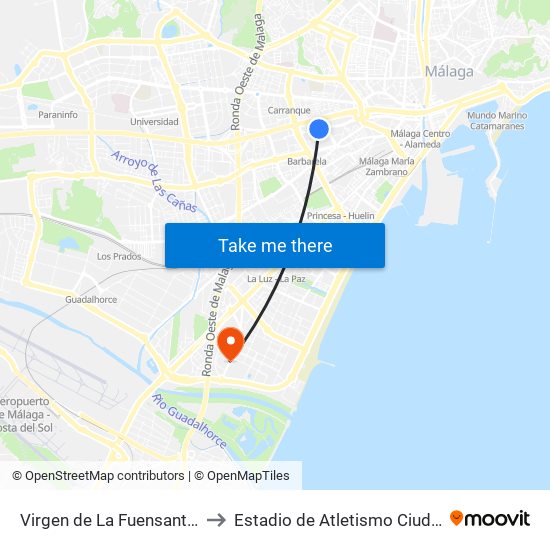Virgen de La Fuensanta - Mercado to Estadio de Atletismo Ciudad de Málaga map