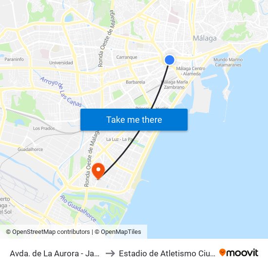 Avda. de La Aurora - Jardines Picasso to Estadio de Atletismo Ciudad de Málaga map