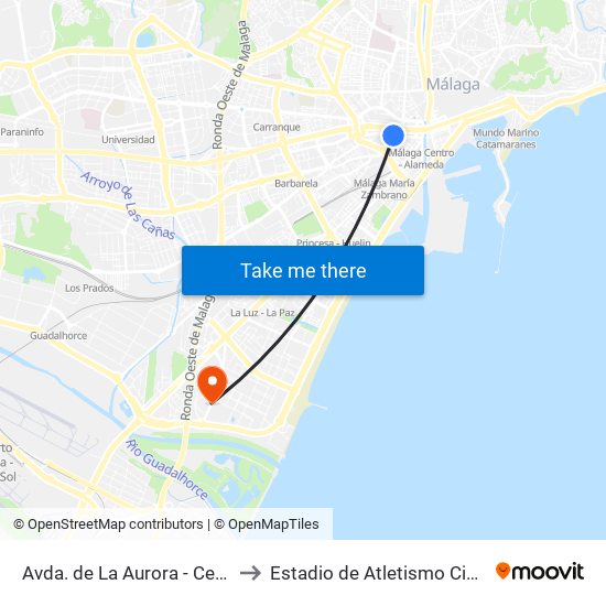 Avda. de La Aurora - Centro Comercial to Estadio de Atletismo Ciudad de Málaga map