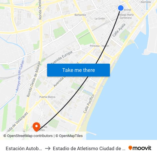Estación Autobuses to Estadio de Atletismo Ciudad de Málaga map