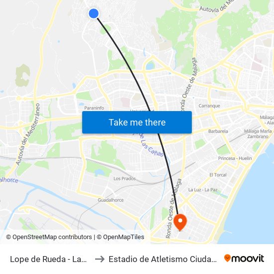 Lope de Rueda - Las Morillas to Estadio de Atletismo Ciudad de Málaga map