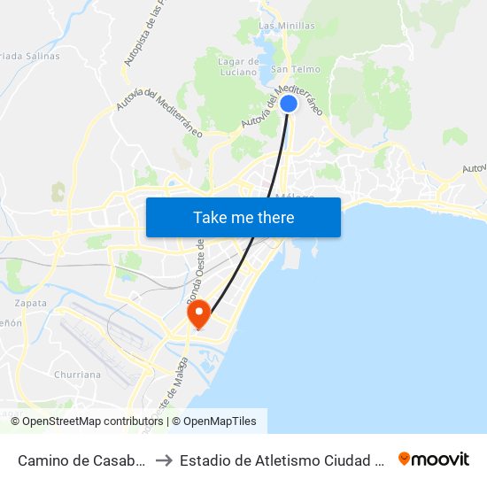 Camino de Casabermeja to Estadio de Atletismo Ciudad de Málaga map