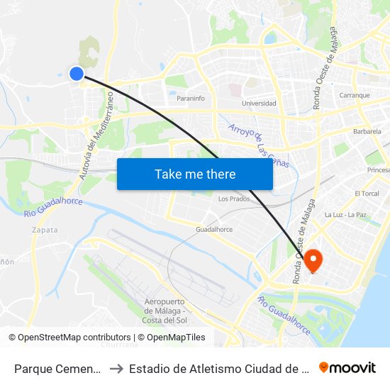 Parque Cementerio to Estadio de Atletismo Ciudad de Málaga map